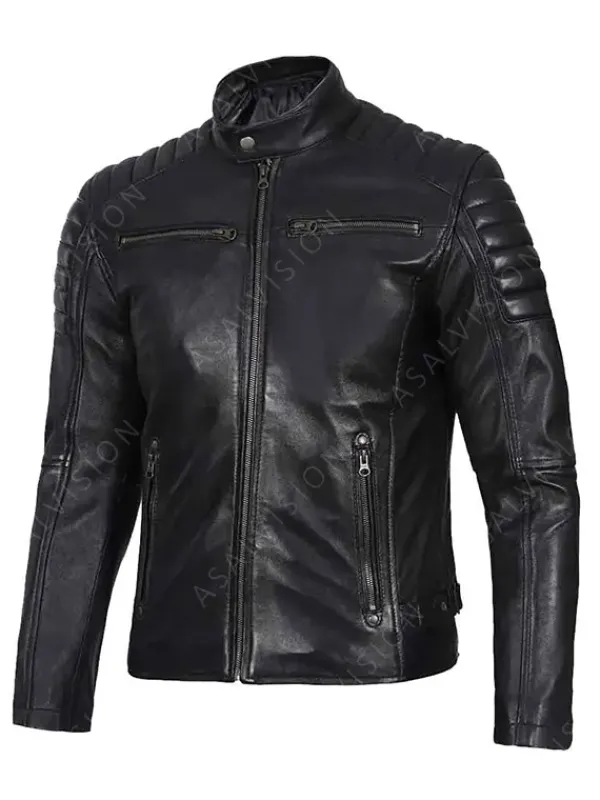 Asal Vision Black Jackets | Cafe Racer Jackets | Mens Padded Cafe Racer Leather Jacket Black