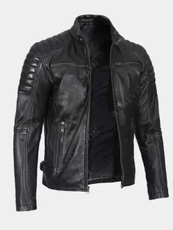 Asal Vision Black Jackets | Cafe Racer Jackets | Mens Padded Cafe Racer Leather Jacket Black