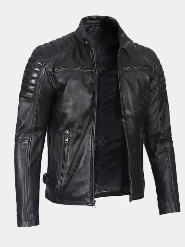 Asal Vision Black Jackets | Cafe Racer Jackets | Mens Padded Cafe Racer Leather Jacket Black