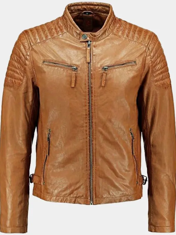 Asal Vision Brown Jackets | Cafe Racer Jackets | Mens Quilted Leather Cafe Racer Biker Jacket Tan Brown