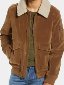Asal Vision Brown Jackets | Suede Jackets | Mens Shearling Collar Suede Leather Bomber Jacket Brown