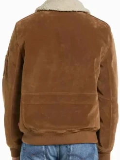 Asal Vision Brown Jackets | Suede Jackets | Mens Shearling Collar Suede Leather Bomber Jacket Brown