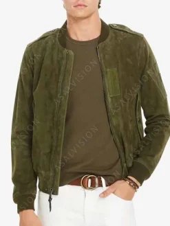 Asal Vision Suede Jackets | Bomber Jackets | Mens Slim-Fit Suede Bomber Jacket Olive Green