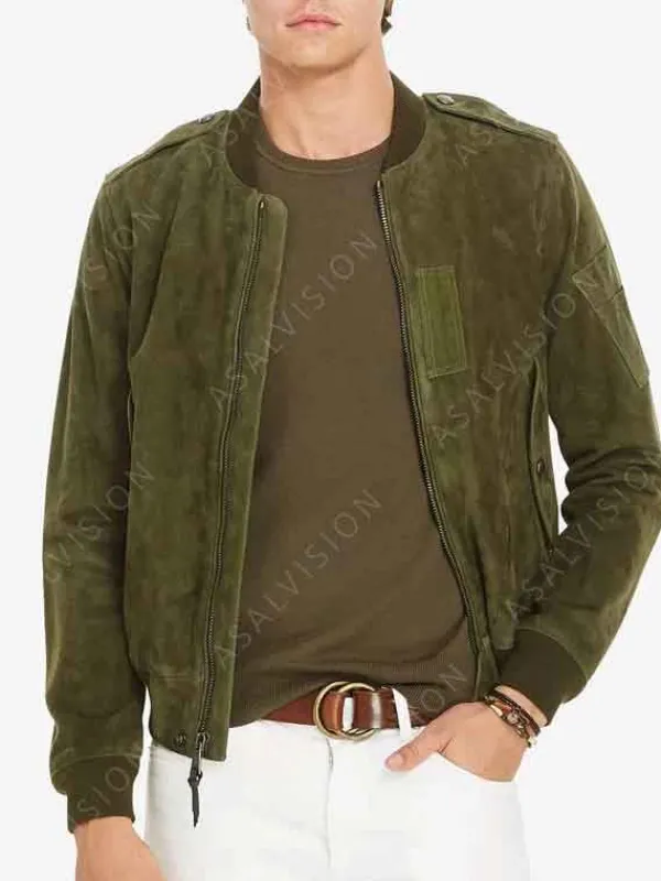 Asal Vision Suede Jackets | Bomber Jackets | Mens Slim-Fit Suede Bomber Jacket Olive Green