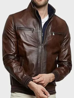 Asal Vision Brown Jackets | Bomber Jackets | Men’s Stand Collar Bomber Leather Jacket Brown