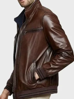 Asal Vision Brown Jackets | Bomber Jackets | Men’s Stand Collar Bomber Leather Jacket Brown