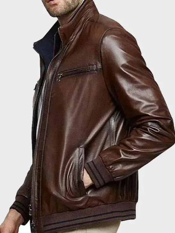 Asal Vision Brown Jackets | Bomber Jackets | Men’s Stand Collar Bomber Leather Jacket Brown