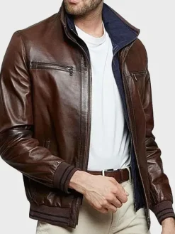 Asal Vision Brown Jackets | Bomber Jackets | Men’s Stand Collar Bomber Leather Jacket Brown