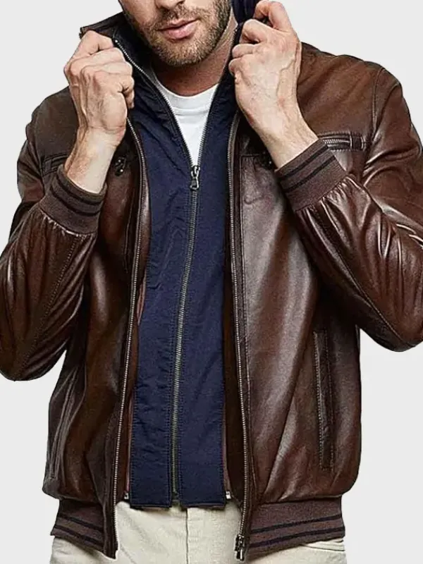 Asal Vision Brown Jackets | Bomber Jackets | Men’s Stand Collar Bomber Leather Jacket Brown