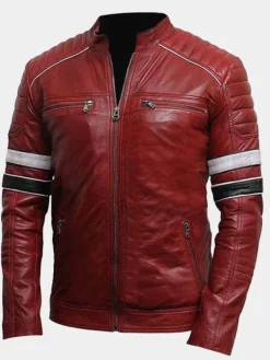 Asal Vision Biker Jackets | Leather Jackets | Men’s Striped Cafe Racer Biker Jacket Red