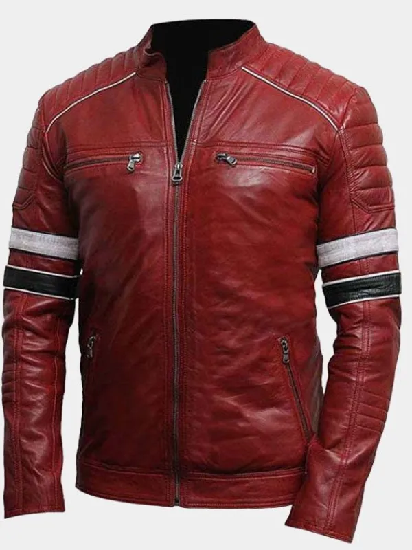 Asal Vision Biker Jackets | Leather Jackets | Men’s Striped Cafe Racer Biker Jacket Red