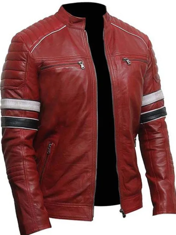 Asal Vision Biker Jackets | Leather Jackets | Men’s Striped Cafe Racer Biker Jacket Red