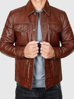 Asal Vision Brown Jackets | Trucker Jackets | Mens Vintage Leather Trucker Jacket Brown