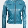 Asal Vision Blue Jackets | Quilted Jackets | Natalie Blue Slimfit Cafe Racer Leather Jacket Sky Blue