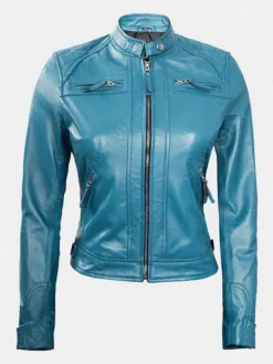 Asal Vision Blue Jackets | Quilted Jackets | Natalie Blue Slimfit Cafe Racer Leather Jacket Sky Blue