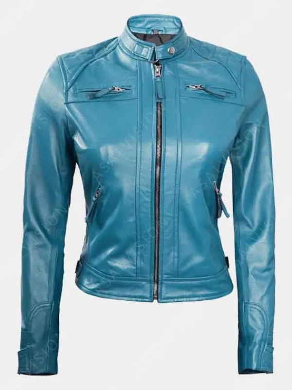 Asal Vision Blue Jackets | Quilted Jackets | Natalie Blue Slimfit Cafe Racer Leather Jacket Sky Blue