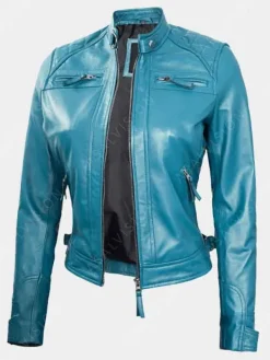 Asal Vision Blue Jackets | Quilted Jackets | Natalie Blue Slimfit Cafe Racer Leather Jacket Sky Blue