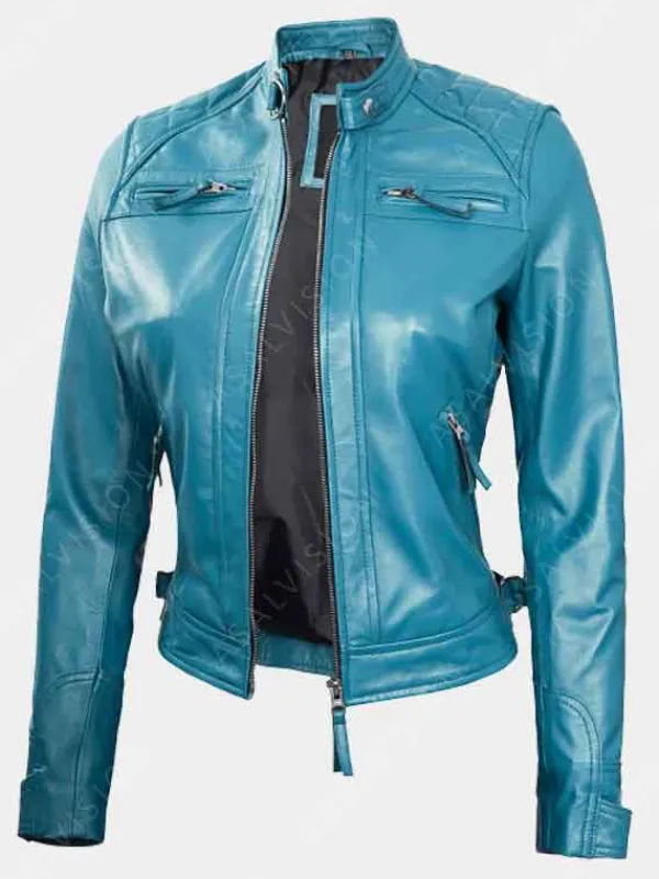 Asal Vision Blue Jackets | Quilted Jackets | Natalie Blue Slimfit Cafe Racer Leather Jacket Sky Blue