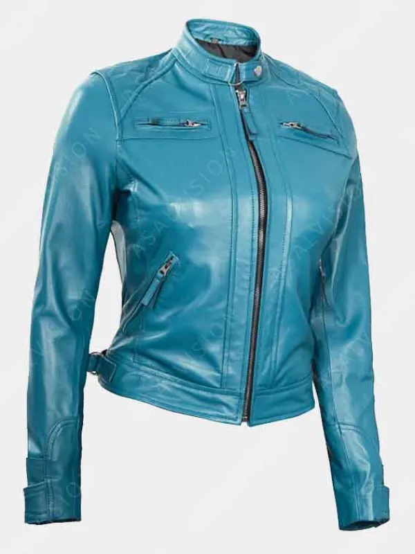 Asal Vision Blue Jackets | Quilted Jackets | Natalie Blue Slimfit Cafe Racer Leather Jacket Sky Blue