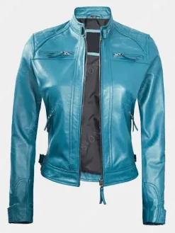 Asal Vision Blue Jackets | Quilted Jackets | Natalie Blue Slimfit Cafe Racer Leather Jacket Sky Blue