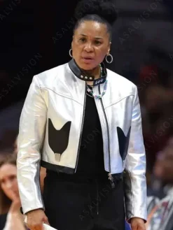 Asal Vision Leather Jackets | NCAA Women’s National Championship 2024 Dawn Staley Silver Jacket Silver With Black