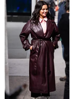 Asal Vision Women Coats | Only Murders In The Building S03 Selena Gomez Leather Trench Coat Burgundy