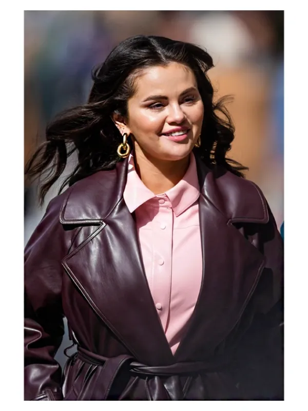 Asal Vision Women Coats | Only Murders In The Building S03 Selena Gomez Leather Trench Coat Burgundy
