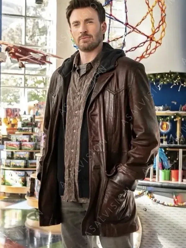 Asal Vision Men Coats | Red One Chris Evans Brown Leather Jacket Vintage Brown