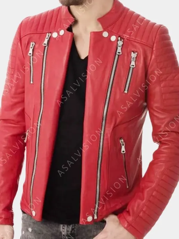Asal Vision Quilted Jackets | Biker Jackets | Quilted Biker Style Zipper Leather Jacket Mens Red