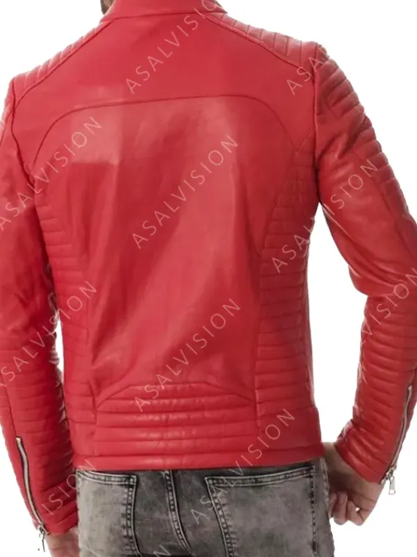 Asal Vision Quilted Jackets | Biker Jackets | Quilted Biker Style Zipper Leather Jacket Mens Red