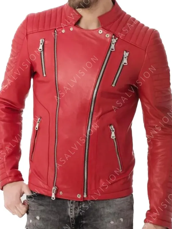 Asal Vision Quilted Jackets | Biker Jackets | Quilted Biker Style Zipper Leather Jacket Mens Red