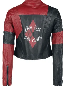 Asal Vision Leather Jackets | Suicide Squad Live Fast Die Clown Harley Quinn Leather Jacket Black & Red