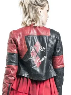 Asal Vision Leather Jackets | Suicide Squad Live Fast Die Clown Harley Quinn Leather Jacket Black & Red
