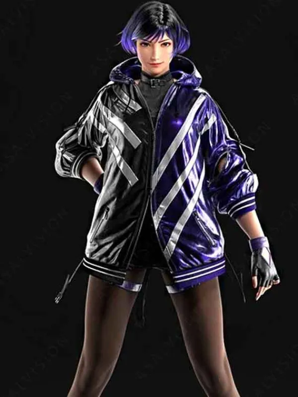 Asal Vision Leather Jackets | Tekken 8 Reina Mishima Purple And Black Jacket Purple And Black With Silver Stripes