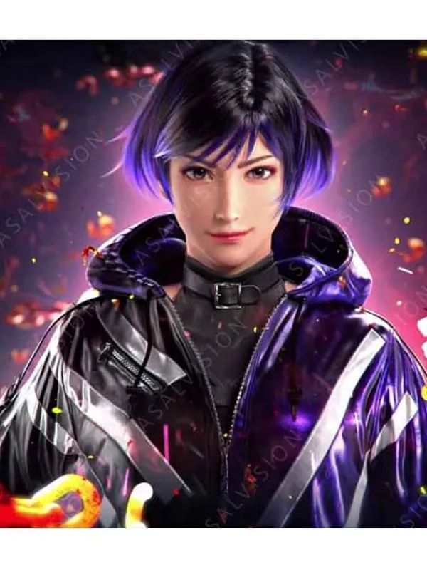 Asal Vision Leather Jackets | Tekken 8 Reina Mishima Purple And Black Jacket Purple And Black With Silver Stripes