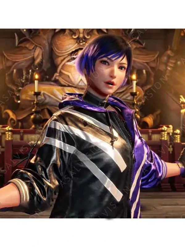 Asal Vision Leather Jackets | Tekken 8 Reina Mishima Purple And Black Jacket Purple And Black With Silver Stripes
