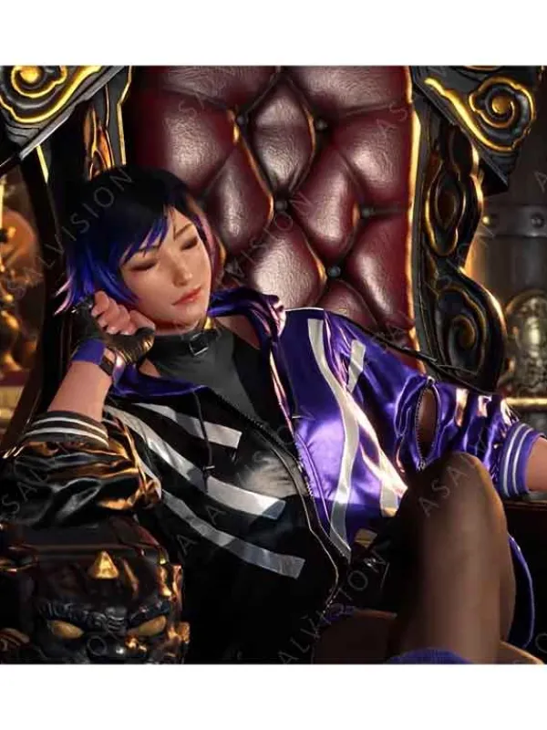 Asal Vision Leather Jackets | Tekken 8 Reina Mishima Purple And Black Jacket Purple And Black With Silver Stripes