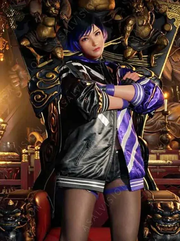 Asal Vision Leather Jackets | Tekken 8 Reina Mishima Purple And Black Jacket Purple And Black With Silver Stripes
