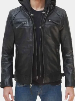 Asal Vision Black Jackets | Hooded Jackets | Thomas Leather Jacket With Hood Black