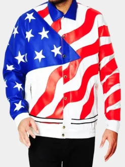 Asal Vision Leather Jackets | Vanilla Ice American Flag Real Leather Jacket White, Red, and Blue