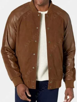 Asal Vision Varsity Jackets | Brown Jackets | Varsity Style Bomber Jacket In Suede With Leather Sleeves Brown