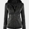 Asal Vision Black Jackets | Hooded Jackets | Women’s Fitted Bomber Leather Jacket Black
