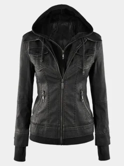 Asal Vision Black Jackets | Hooded Jackets | Women’s Fitted Bomber Leather Jacket Black