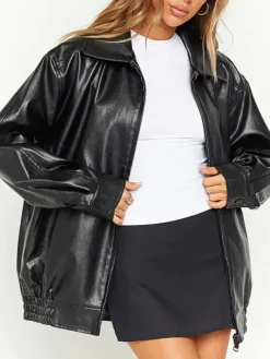 Asal Vision Black Jackets | Bomber Jackets | Women’s Oversized Leather Jacket Black