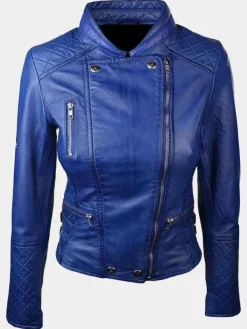Asal Vision Blue Jackets | Quilted Jackets | Women’s Diamond Quilted Biker Jacket Blue Color