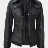 Asal Vision Black Jackets | Hooded Jackets | Women’s Bomber Hooded Leather Jacket In Color Black