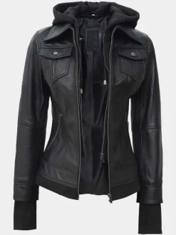 Asal Vision Black Jackets | Hooded Jackets | Women’s Bomber Hooded Leather Jacket In Color Black