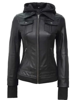 Asal Vision Black Jackets | Hooded Jackets | Women’s Bomber Hooded Leather Jacket In Color Black