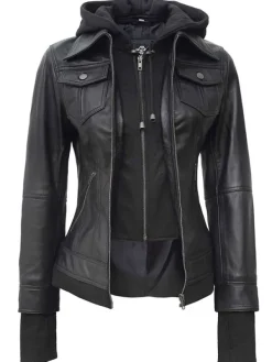 Asal Vision Black Jackets | Hooded Jackets | Women’s Bomber Hooded Leather Jacket In Color Black