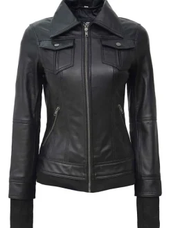 Asal Vision Black Jackets | Hooded Jackets | Women’s Bomber Hooded Leather Jacket In Color Black
